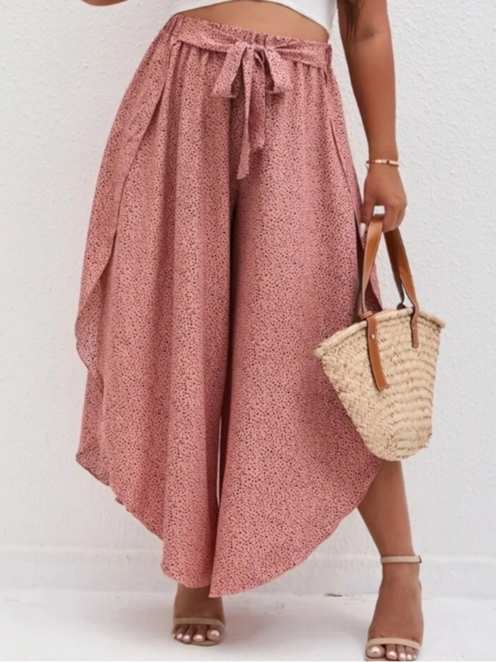 SHEIN Curve 0XL High Slit Speckled Wide Leg Pants Faux Maxi Skirt Tie Waist Boho - Picture 14 of 15